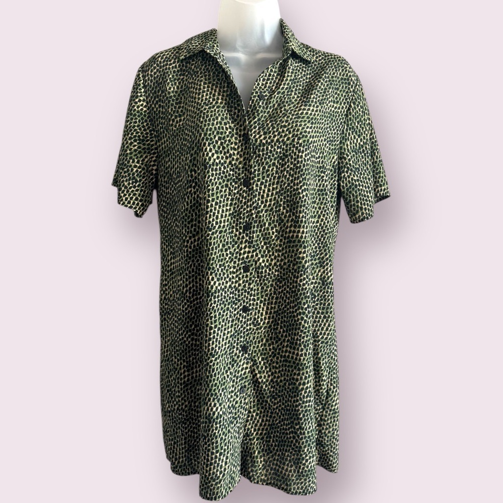 Topshop Green Animal Print Button Front Shirt Dress Size 4